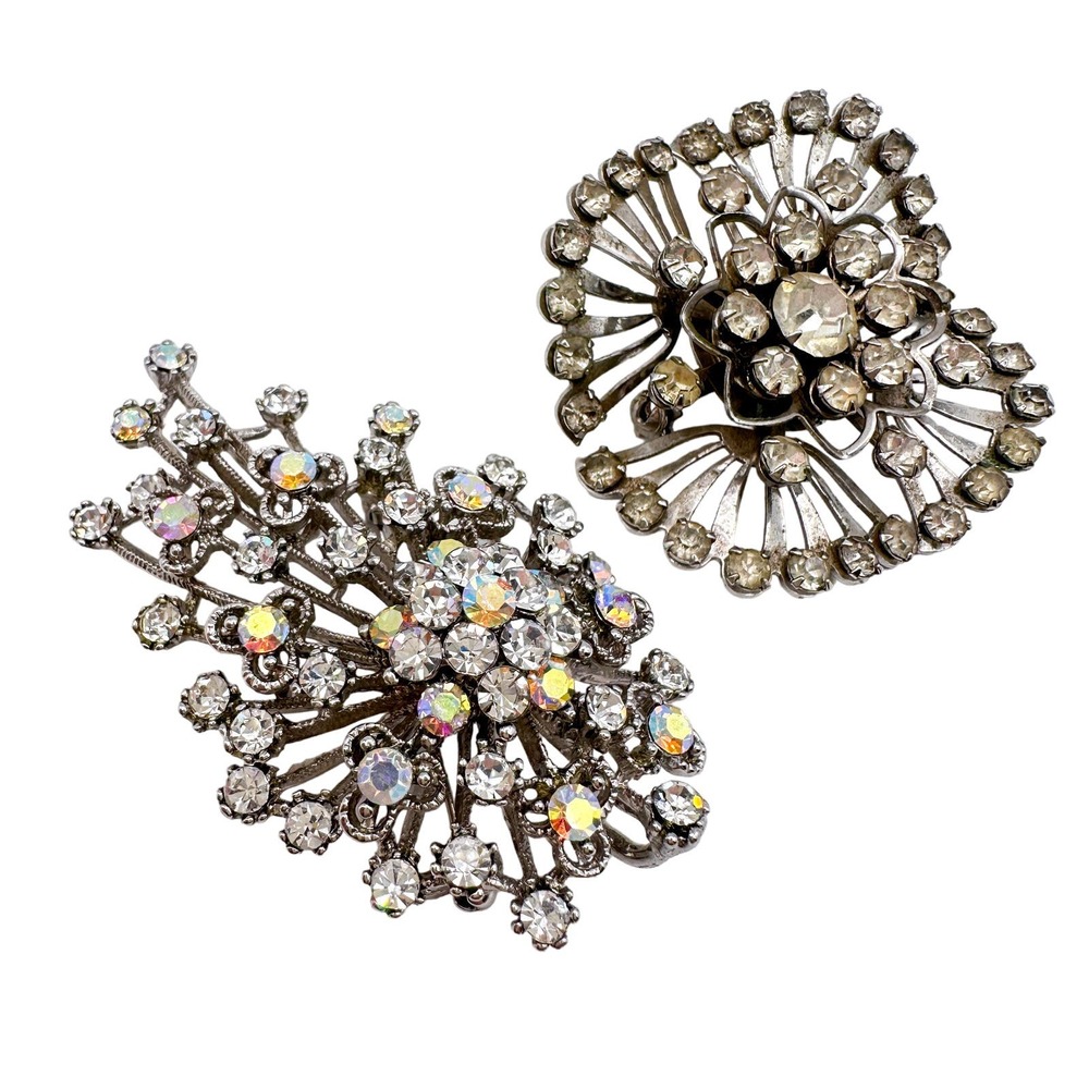 Vintage Atomic Starburst Brooch Pair Clr Rhinestone vs Aurora Borealis '50s '60s